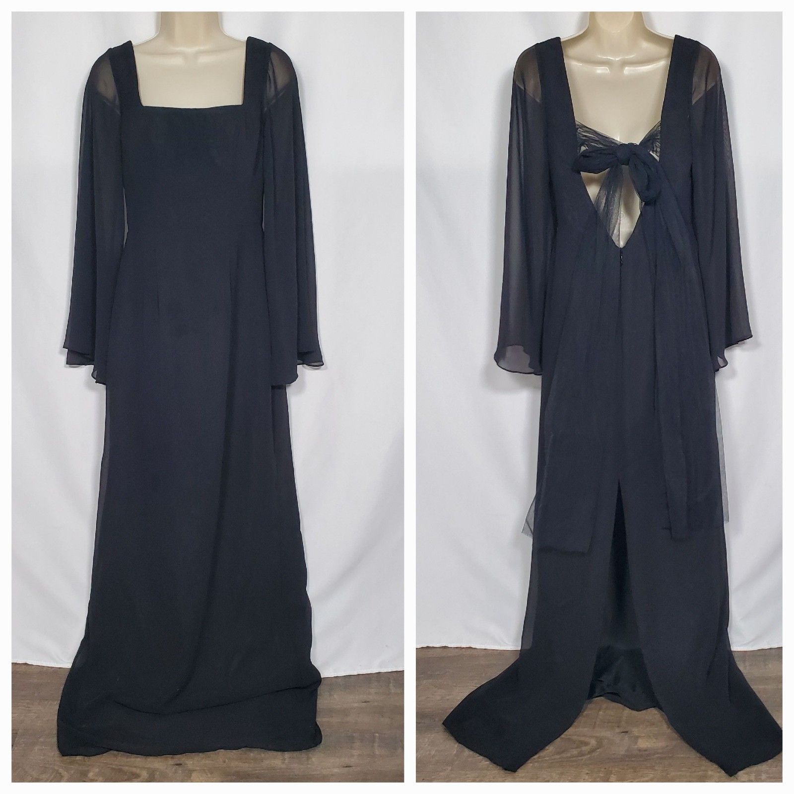 Azazie X Barbie Women’s Maxi Dress Size 6 Black Sweetheart Chiffon Sheer Sleeve